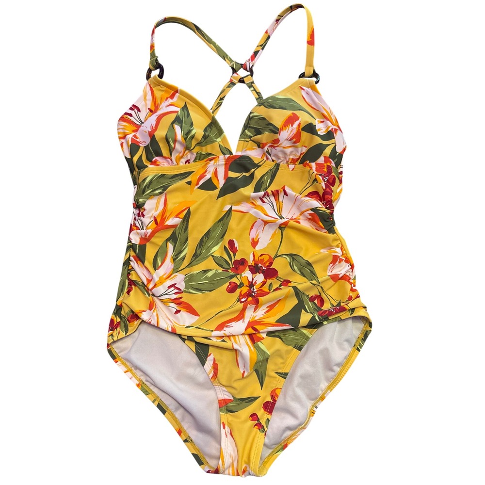 Kona Sol Tropical Floral One Piece Swimsuit Ruched Crossback Yellow Medium